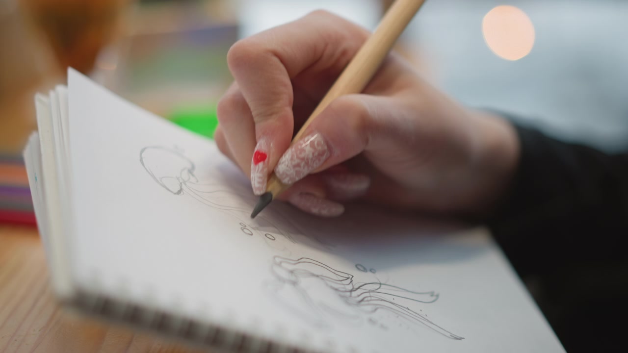 Primo piano da sopra la spalla mostra le mani di un bambino che disegnano con una matita su un quaderno a spirale, con azione di disegno visibile, leggera sfocatura, segni cancellati e sbavature di grafite che suggeriscono una pratica creativa attenta in un ambiente caldo.