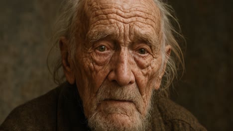 an elderly man sits thoughtfully, his deeply lined face telling a story of countless life experiences. the warm lighting highlights his weathered skin, reflecting years of wisdom and resilience. he gazes directly at the viewer, inviting them to connect with the moments that shaped his life. the sett