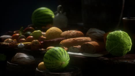 food table with wine barrels and some fruits, vegetables and bread