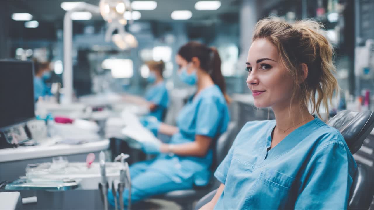 Un'assistente dentale calma e sicura di sé, pronta per l'assistenza ai pazienti in una clinica dentale ben attrezzata, evidenziando il lavoro di squadra e la professionalità in odontoiatria.