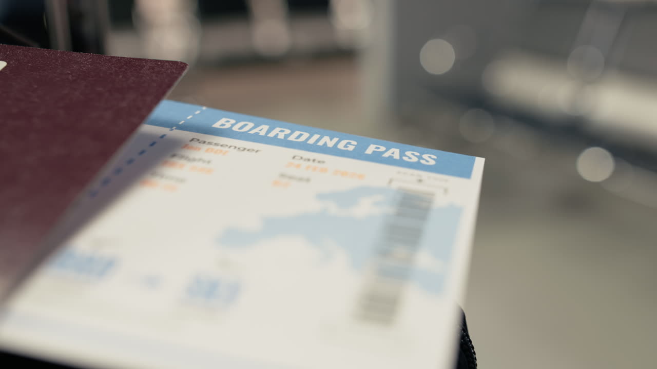 Detail palubní vstupenky a pasu v prázdné letištní hale bez lidí