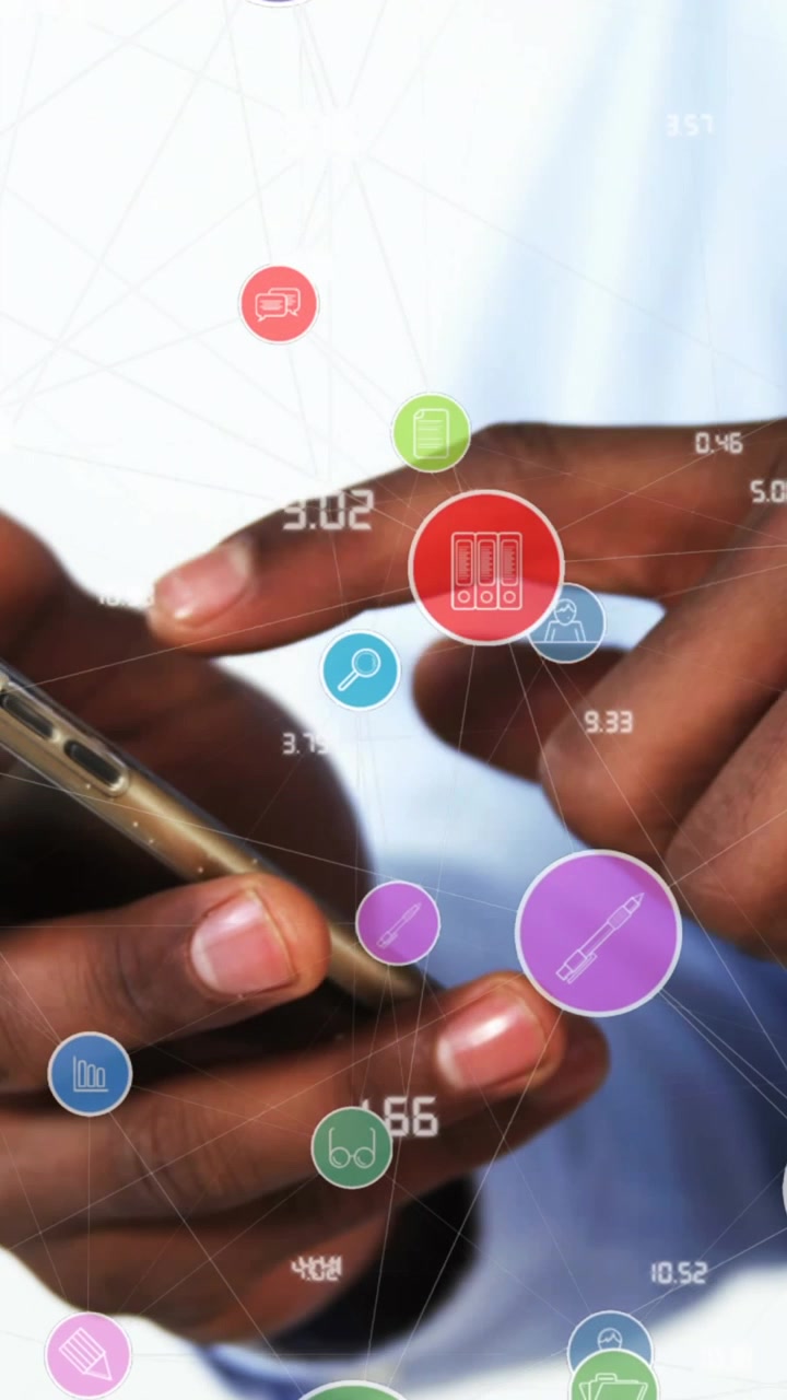 Animation of network of connections with icons over man using smartphone