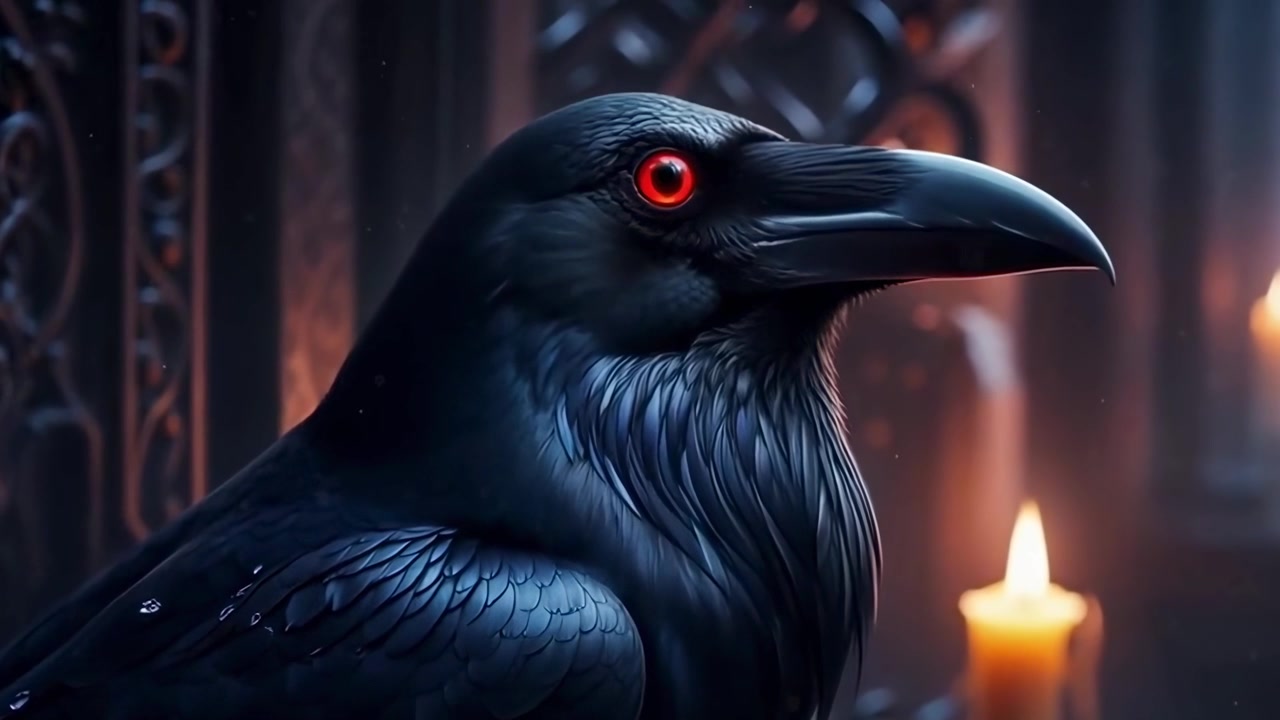 Primo piano di un corvo nero con occhi rossi luminosi