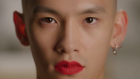 close-up portrait of a man wearing red lipstick
