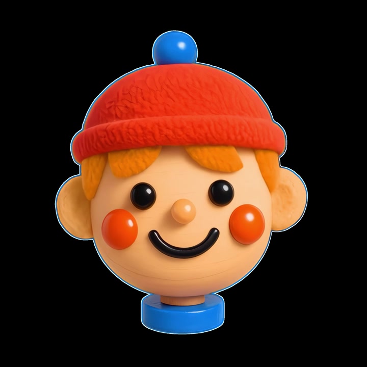 Cabeza de personaje animado 3D con sombrero rojo girando