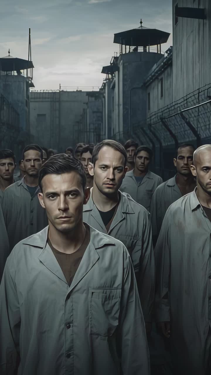 Vertical video: Emerging detainee group marching through prison corridor in light-gray shirts, wire