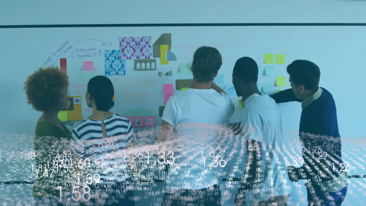 Brainstorming in office, diverse team analyzing data with animation on whiteboard