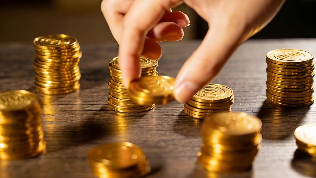 Entering from upper right, right hand shifting gold coins between stacks on wood table, counting