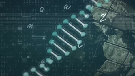 animation of rotating dna strand and globe of dollars over data processing