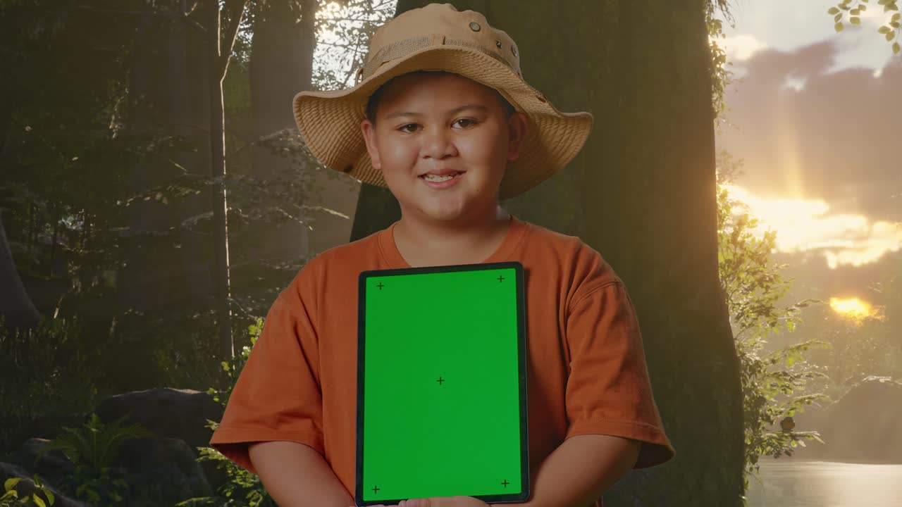 모자와 안경을 쓴 아시아 소년이 미소 짓고 녹색 스크린 태블릿을 보여주며 소년 연구자는 숲의 자연, 여행, 관광, 모험 개념을 탐구하는 동안 무언가를 조사합니다.