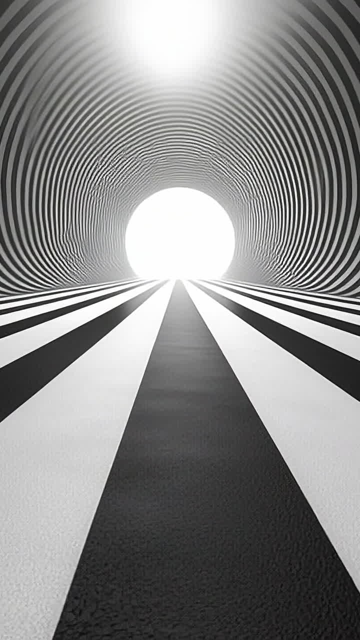 Bold black and white tunnel. A visually captivating tunnel features bold black and white stripes leading towards a bright light at the end.