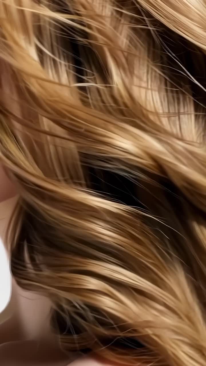 Close-up video shot of wavy, golden-brown hair, capturing texture and shine