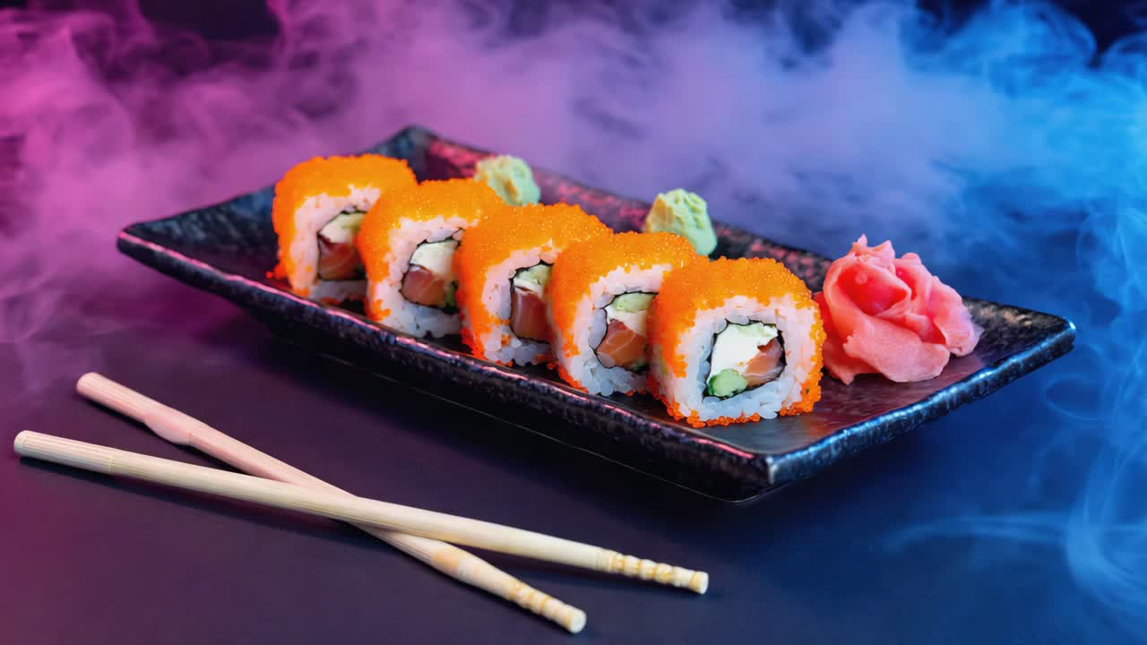 Sushi Roll with Salmon, Cream Cheese, Cucumber, and Tobiko