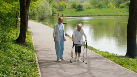 mujer anciana con un andador asistido por una enfermera en el parque