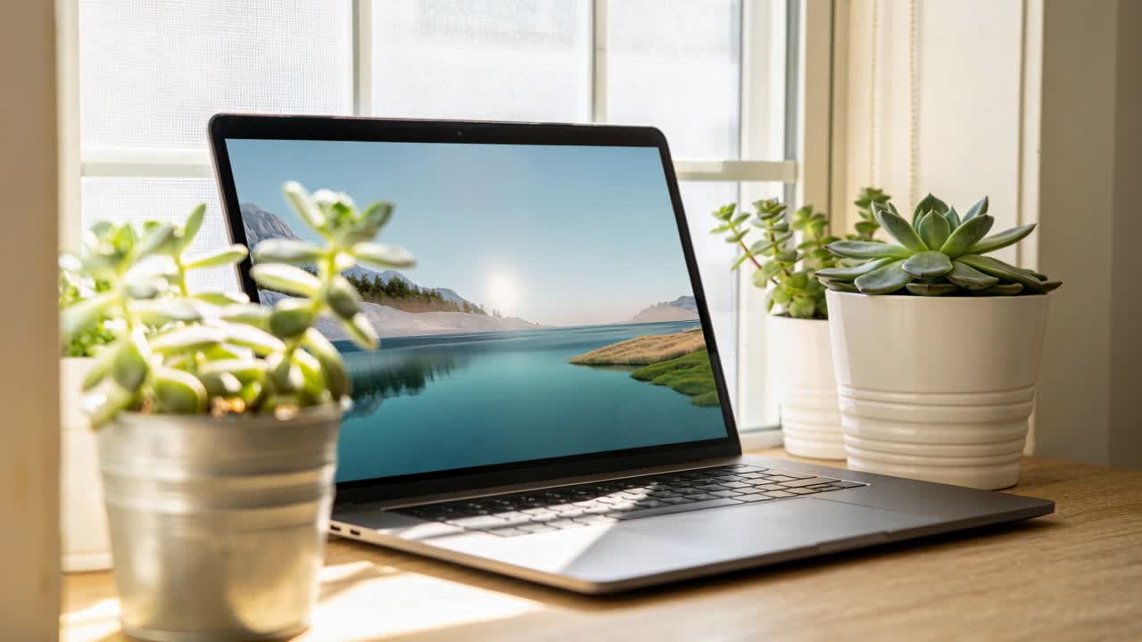 Et zoomende kamera reindrammer let en bærbar computer ved et vindue, med en metalpotte til venstre og hvide potter til højre.