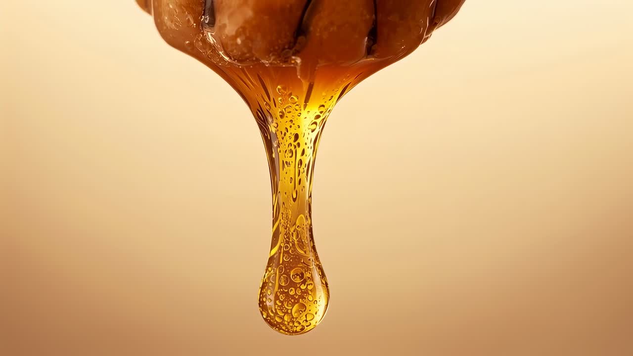 Goccia d'ambra che cola, allungandosi mentre il segmento di seme rivestito si nutre di liquido in studio, bolle visibili