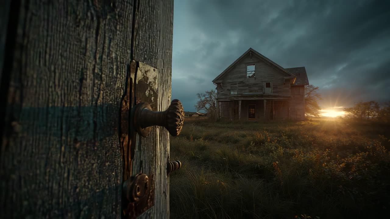 Corroded knob turning initiating door swinging open into rural field, farmhouse sunset copy space