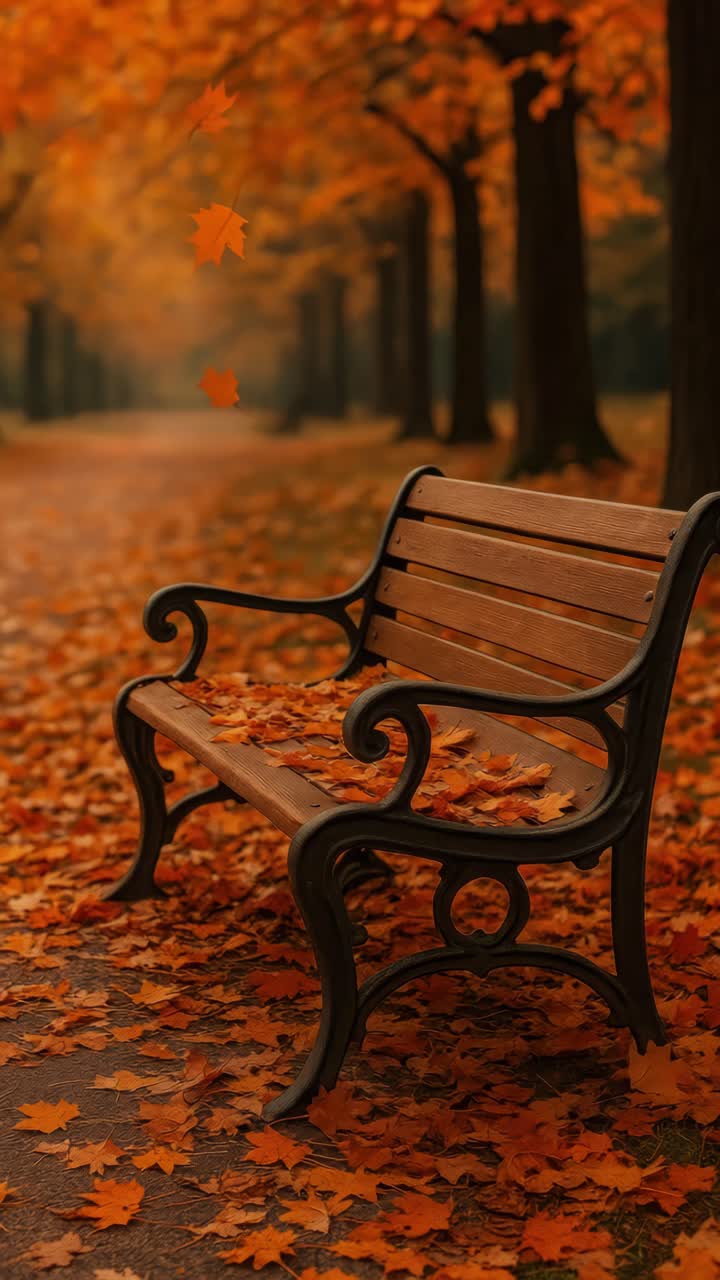 A serene autumn scene with a park bench covered in fallen leaves