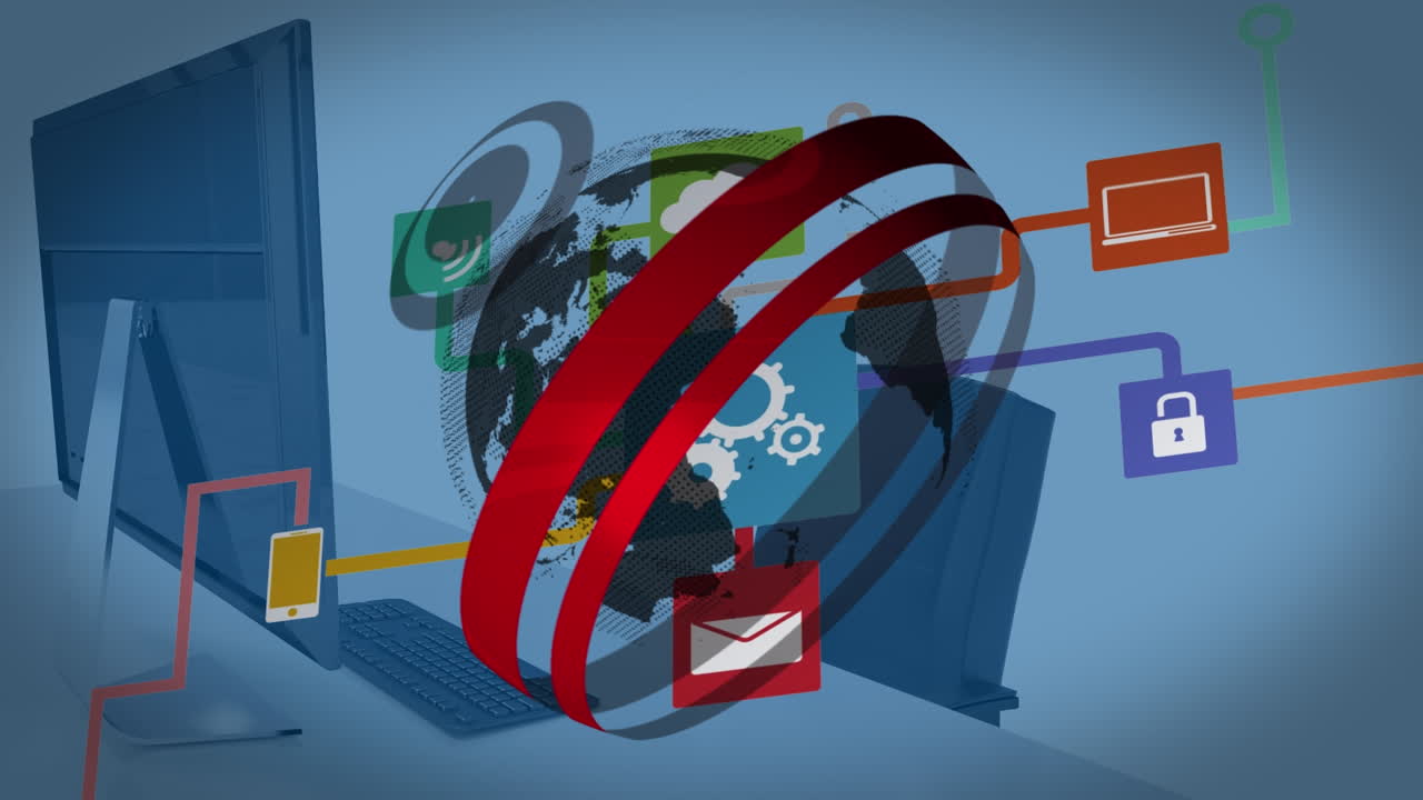 animación del globo y la red de conexiones con iconos sobre el escritorio con la computadora