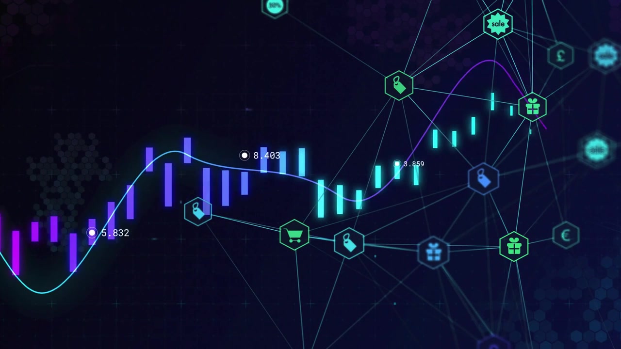 Vídeo vertical: Gráfico financeiro em tempo real com barras em movimento e nós hexagonais cruzando, conectando vendas