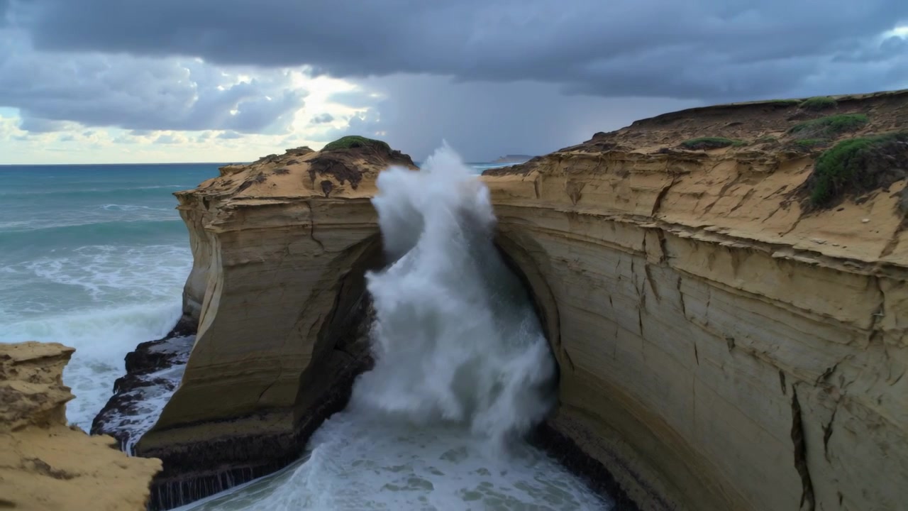 Un arco di arenaria che incanala la mareggiata in arrivo, forzando un'ondata in una stretta insenatura costiera e formando alti spruzzi.