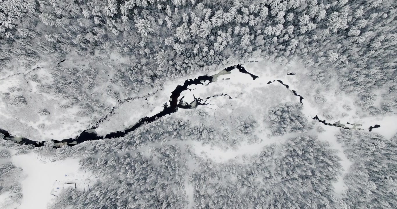 Il drone scivola a destra in una vista dall'alto, seguendo il tortuoso fiume Chubb che attraversa un paesaggio innevato degli Adirondack, dove l'acqua scura che scorre contrasta con il luminoso terreno invernale.