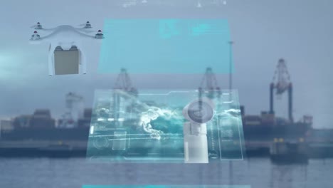 Animation-of-data-processing-and-digital-drone-over-shipyard