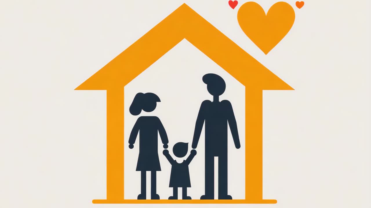 A family of three, a man, a woman and a child, are holding hands in front of a house