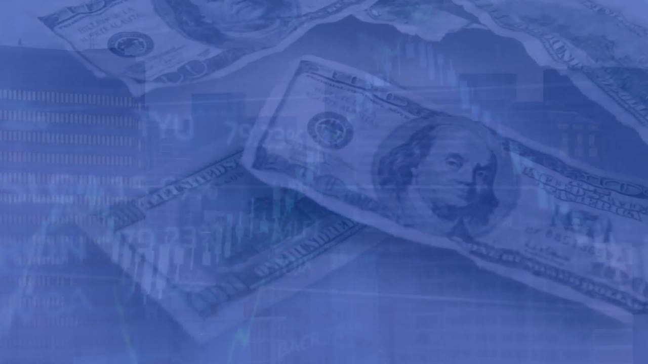 Animation of financial data processing over dollar bills on white background