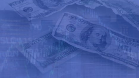 animación del procesamiento de datos financieros sobre billetes de dólar en fondo blanco.