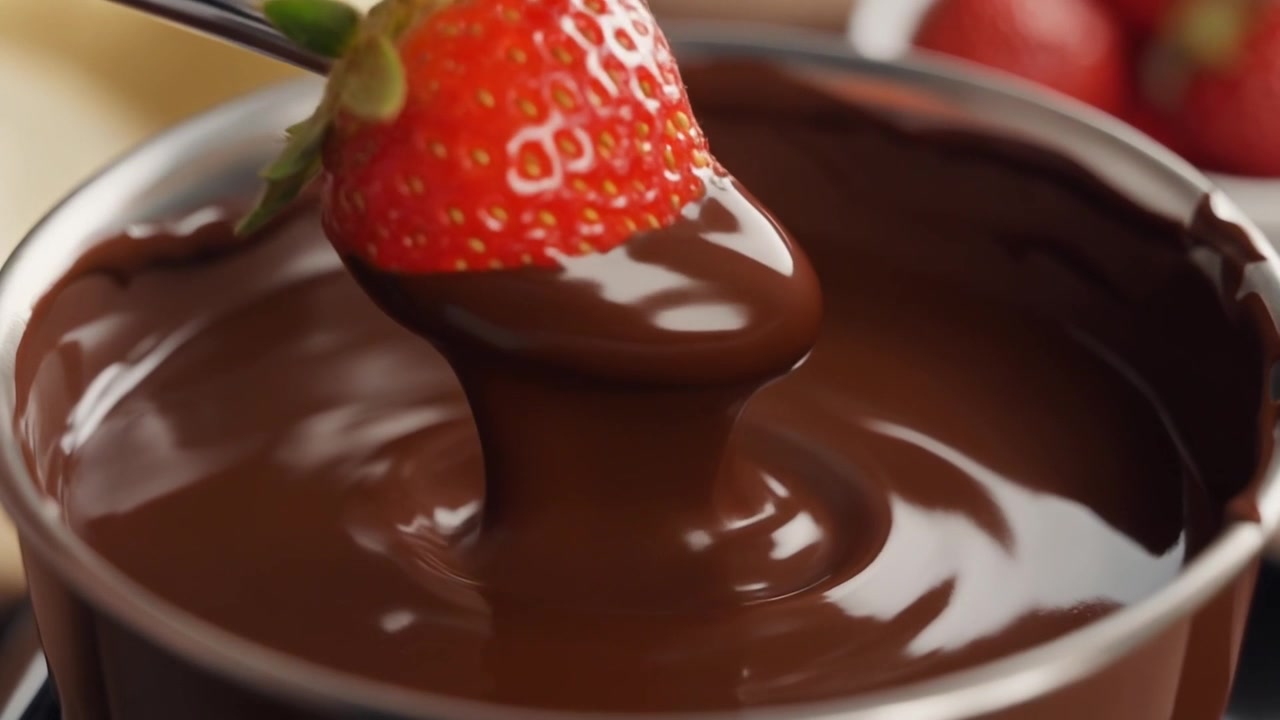 Fragola fresca immersa nella fonduta di cioccolato fuso