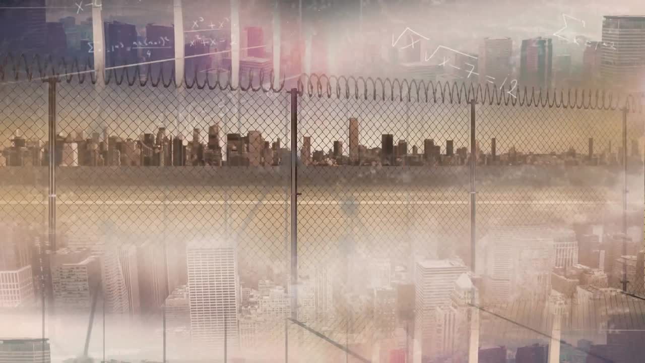 都市風景上の数学的方程式のアニメーション