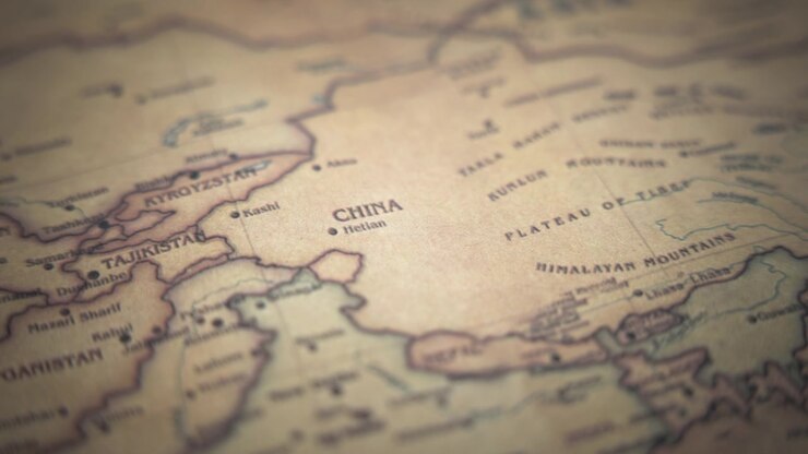 China on a vintage political world map