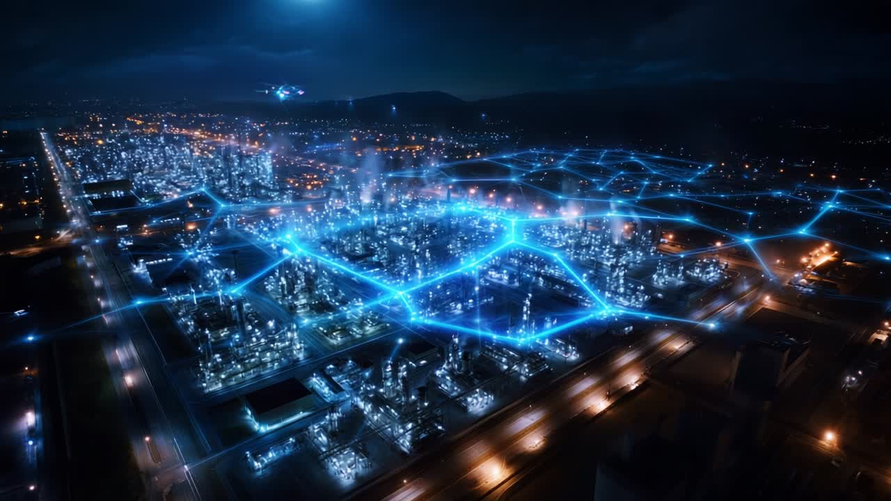Aerial Night View of a High-Tech Industrial Cityscape Sparkling with Bright Digital Connections Illuminated by Blue Light Against a Dark Sky, Showcasing Advanced Infrastructure and Urban Development