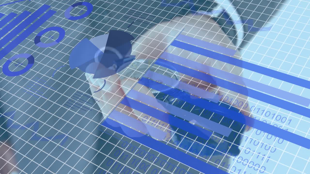 통계 및 데이터 프로세싱의 애니메이션 - 백인 사업가와 나침반을 들고