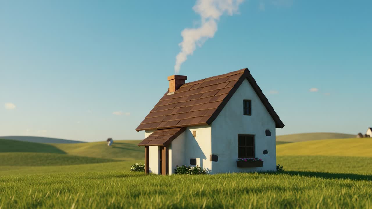 Charming Cottage Surrounded by Lush Green Fields and Clear Skies with Smoke Gently Rising from the Chimney, Captured in Two Frames Highlighting Nature's Serenity