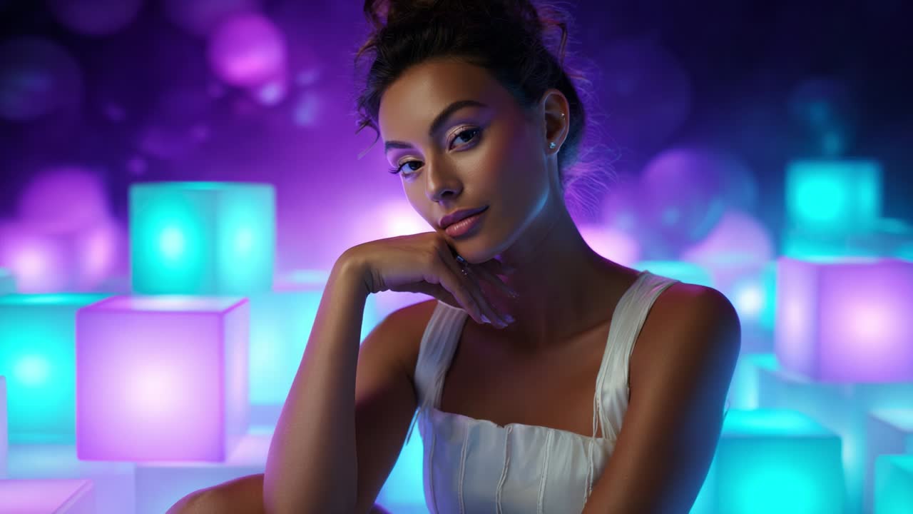 Captivating Portrait of a Woman in Ethereal Light Surrounded by Glowing Cubes, Emanating a Sense of Serenity and Intrigue in a Dreamlike Atmosphere with Colorful Illuminations and Soft Shadows