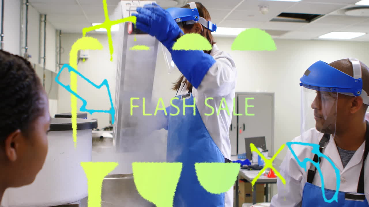 Working with colorful shapes overlay, scientists in lab coats creating animation