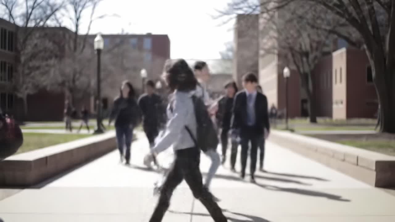 A Bustling Campus Scene: Students in Motion Amidst Springtime Serenity on a Scenic University Walkway