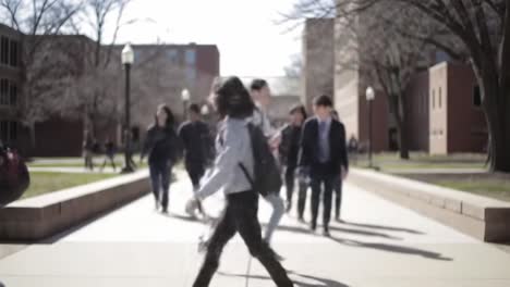 a bustling campus scene: students in motion amidst springtime serenity on a scenic university walkway