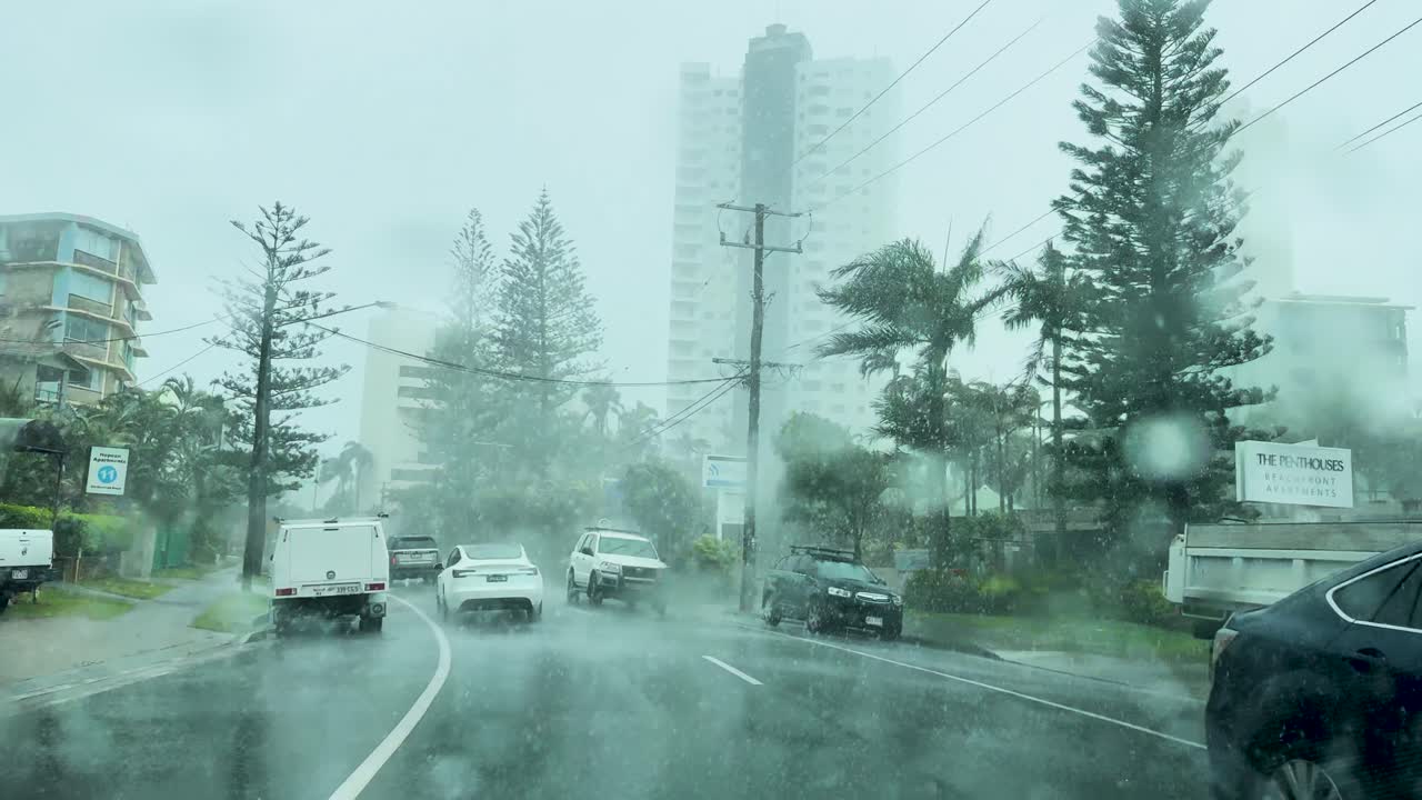 태풍 알프레드 (alfred) 가 오스트레일리아 골드코스트 (gold coast) 에 접근할 때, 흐린 하늘과 흔들리는 나무 에서 차량들이 비가 은 거리를 이동합니다.