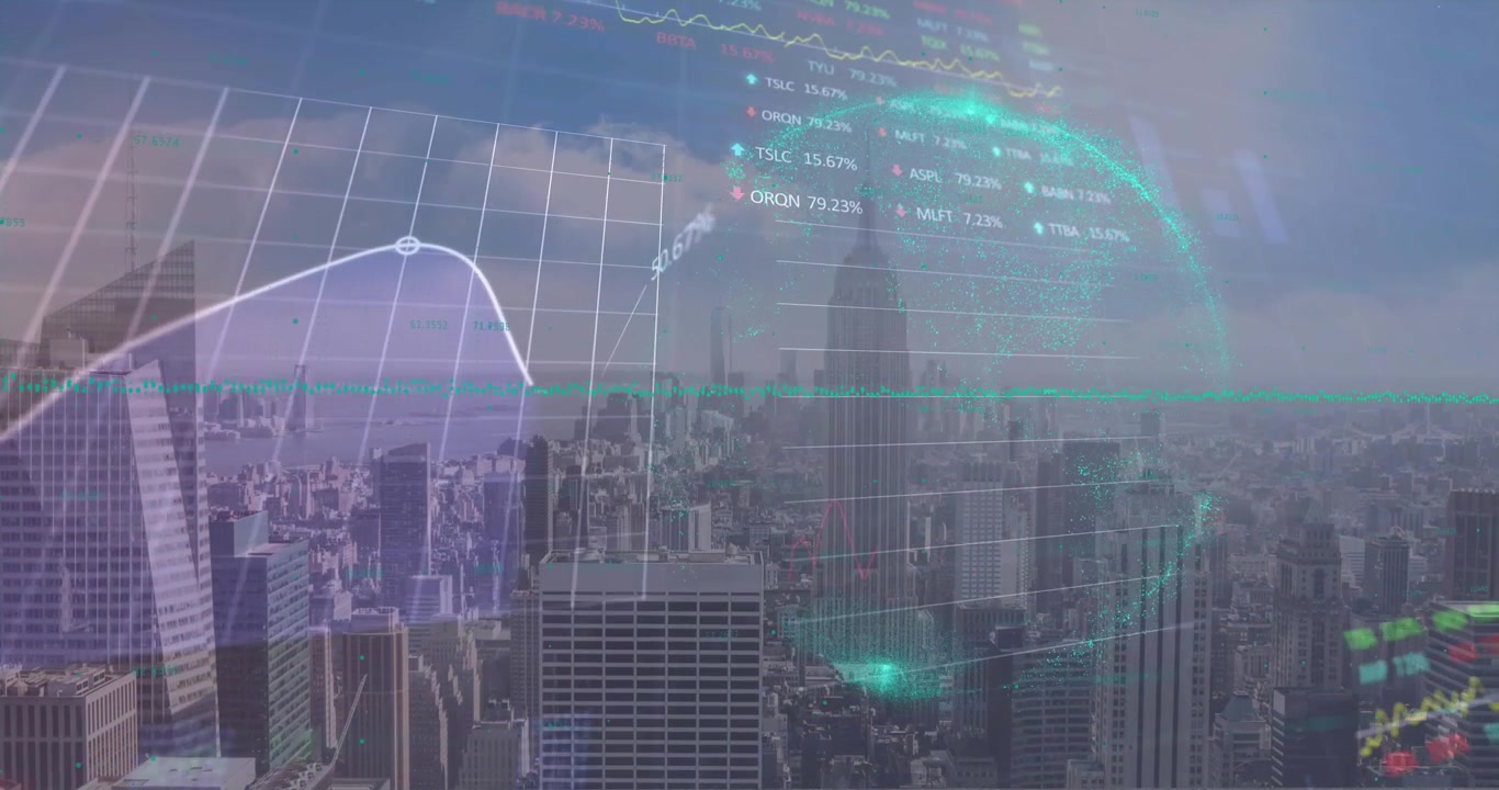 Animation of financial data processing over cityscape