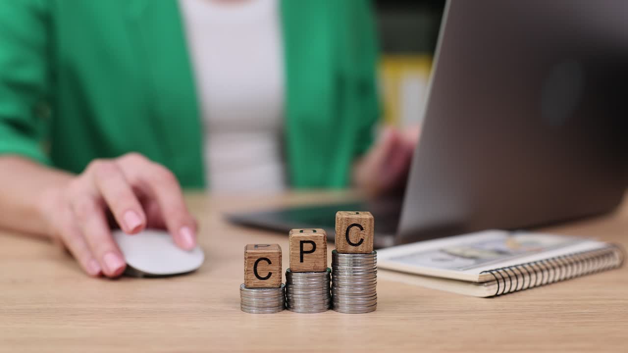 CPC concept with coins and wooden blocks