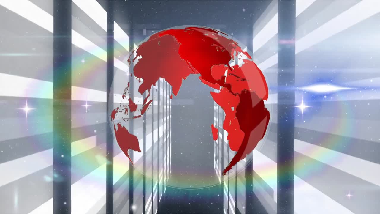 globo rojo girando con pantallas que muestran formas blancas y grises sobre fondo negro