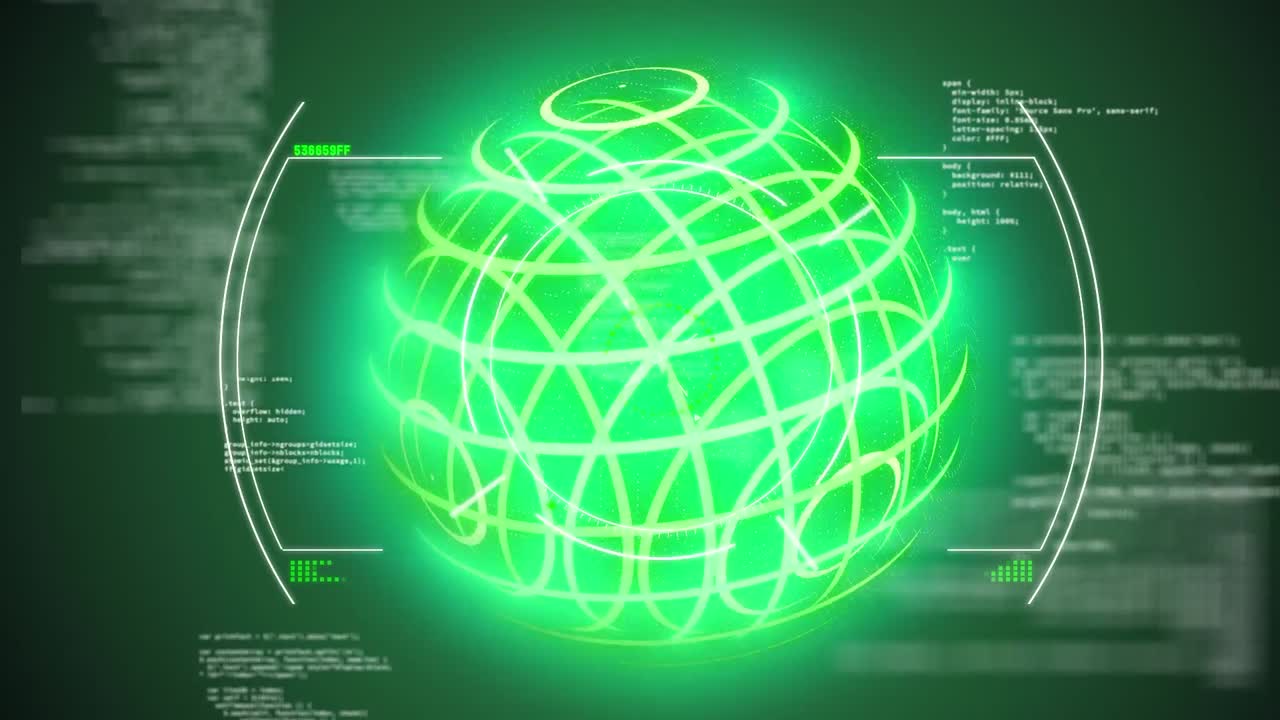 Animation of data processing and globe on black background