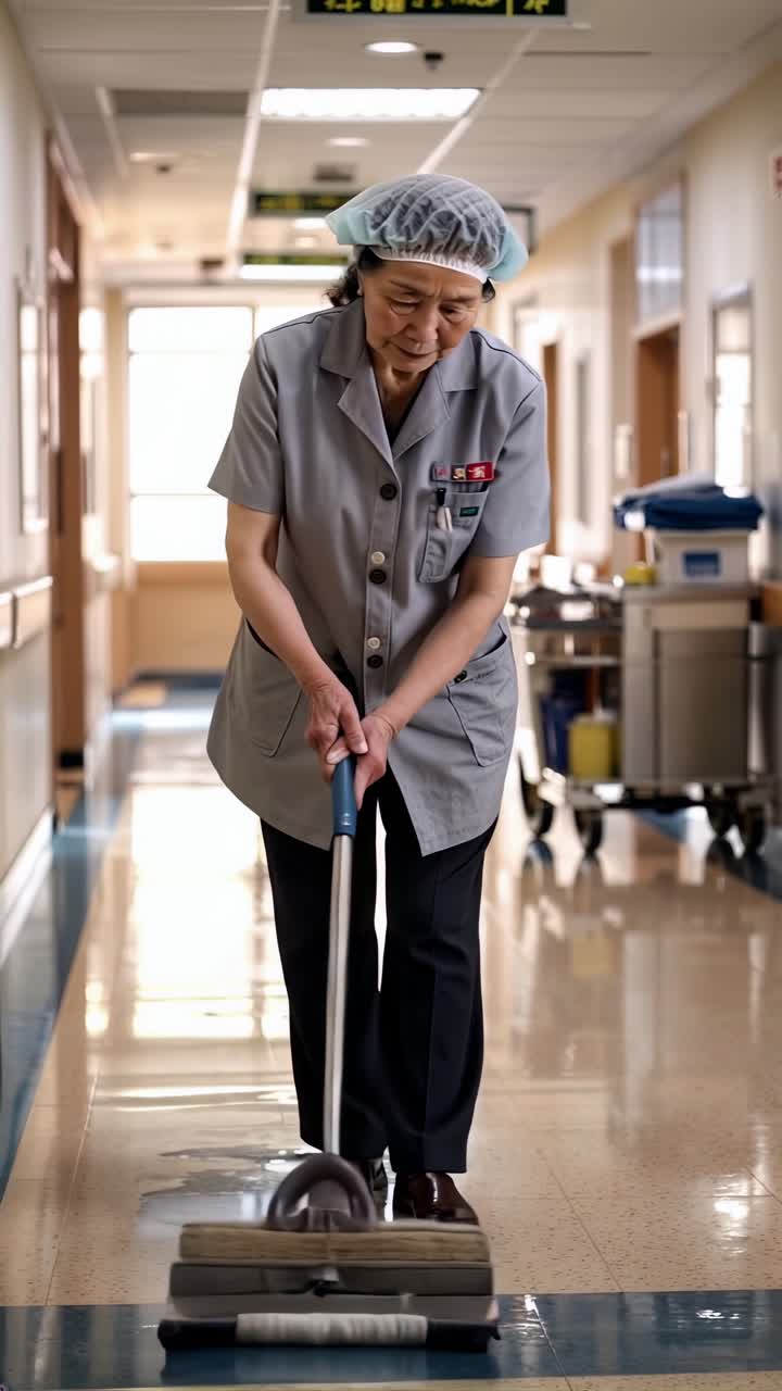 Elderly Hospital Staff Member Cleaning Hospital Corridor