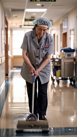 elderly hospital staff member cleaning hospital corridor