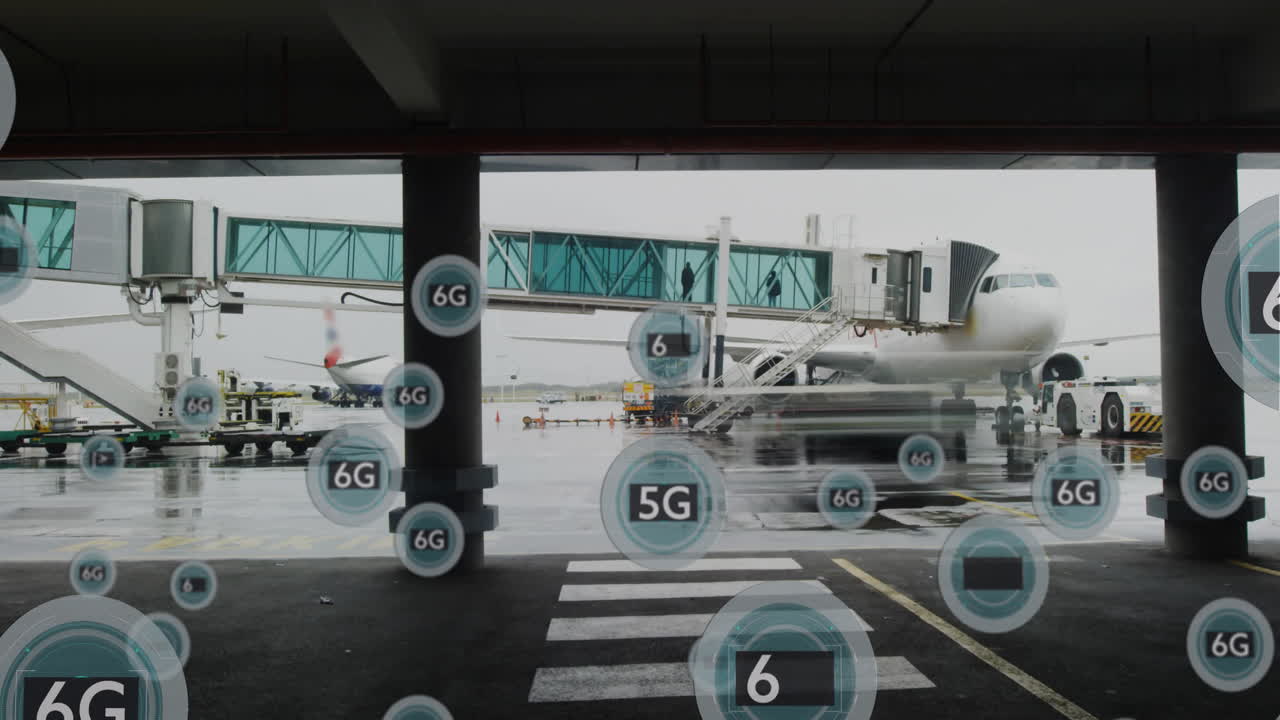 In airport, animation of 6G technology symbols overlaying planes and boarding gates