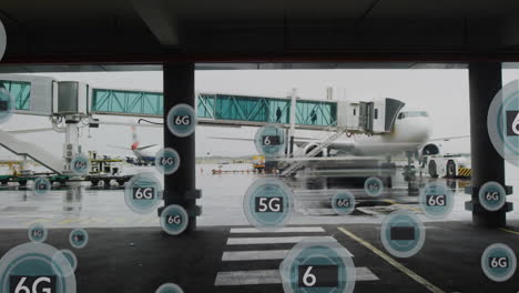 in airport, animation of 6g technology symbols overlaying planes and boarding gates