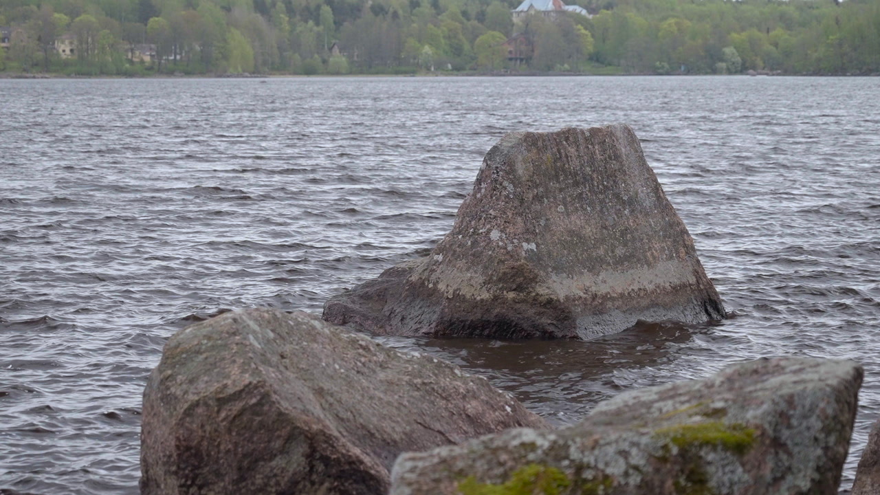 Granite Outcrop In Choppy Lake, Gray, Weathered Rock Rising From Rippling Water, Distant Treeline, Layered. Creative